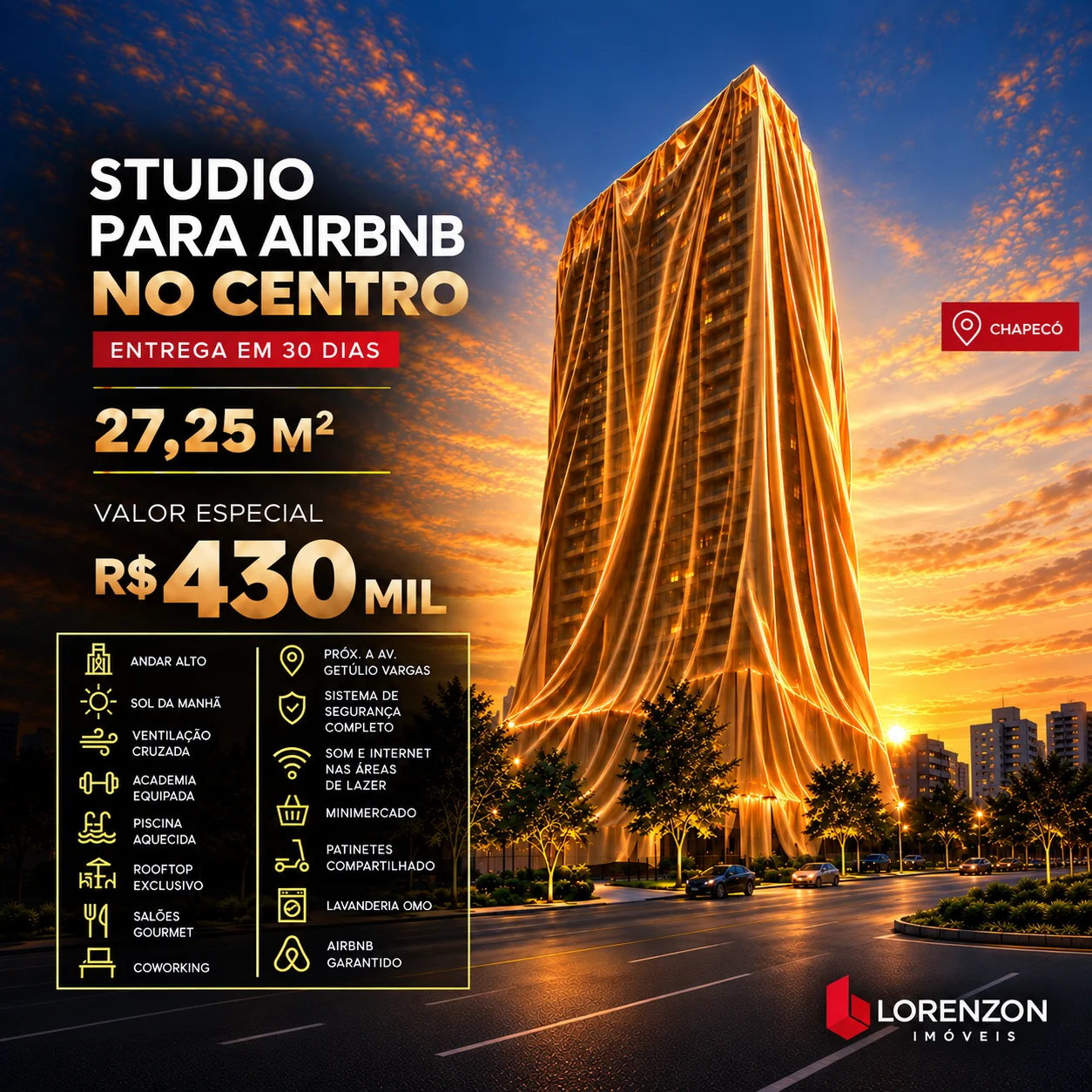 STUDIO A VENDA NO CENTRO DE CHAPECÓ, AIRBNB, LOCAÇÃO TRADICIONAL OU MORADIA